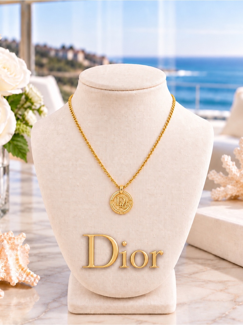 Christian Dior Vintage Logo Coin Gold Plated Pendant Necklace